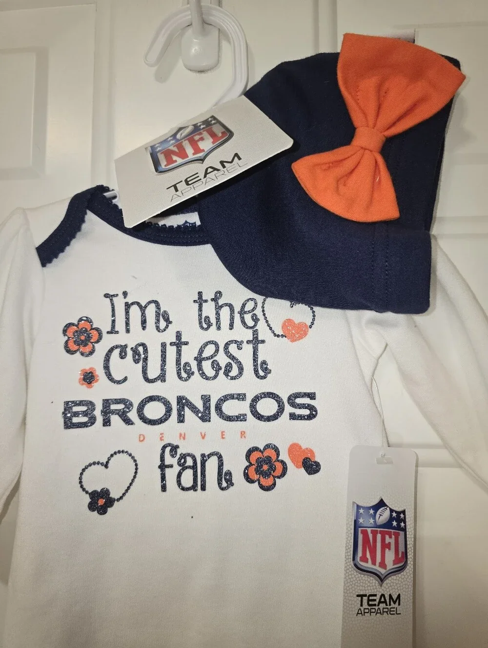 NFL Bronco Team Apparel: New Baby Girl 3 Piece Set (top, pants & hat)